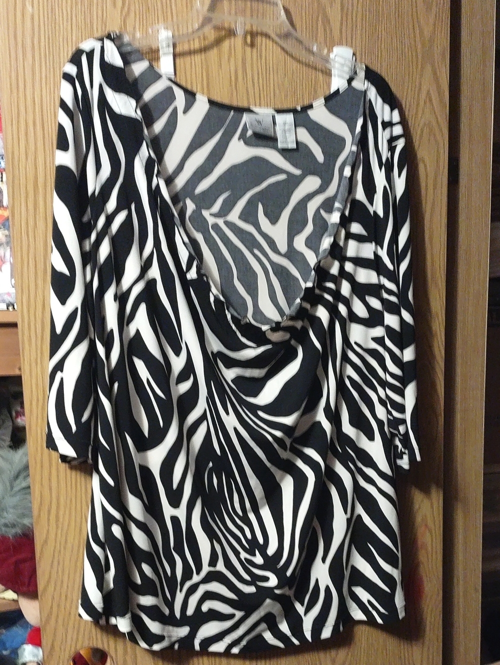 Worthington Black and White Zebra Print Drape Neck Tunic Top